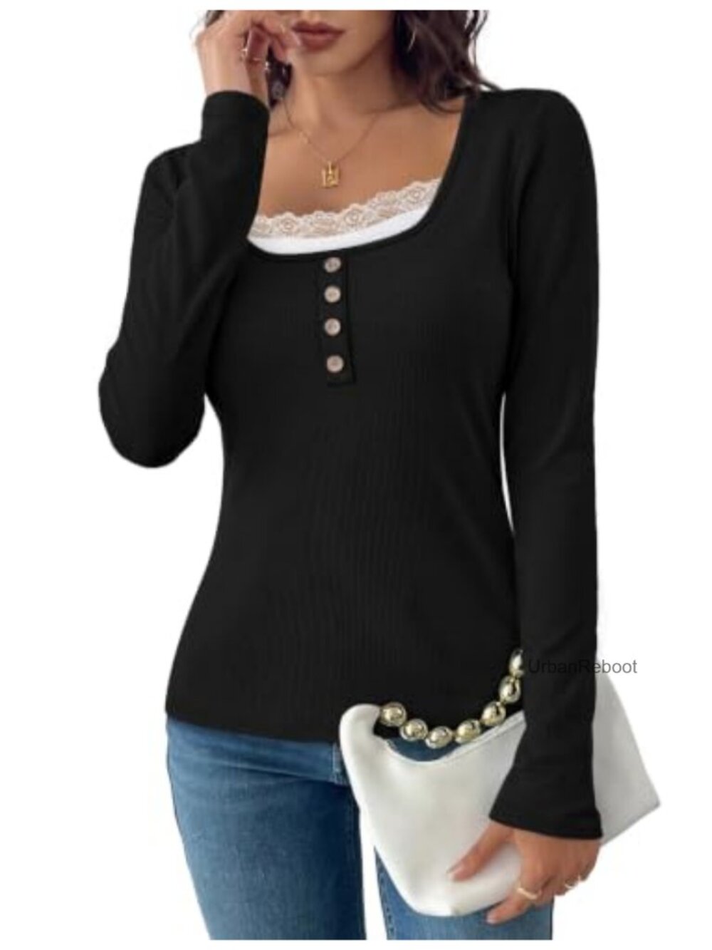 Ribbed Long Sleeve Scoop Neck Lace Trim Decorative Button T-Shirt